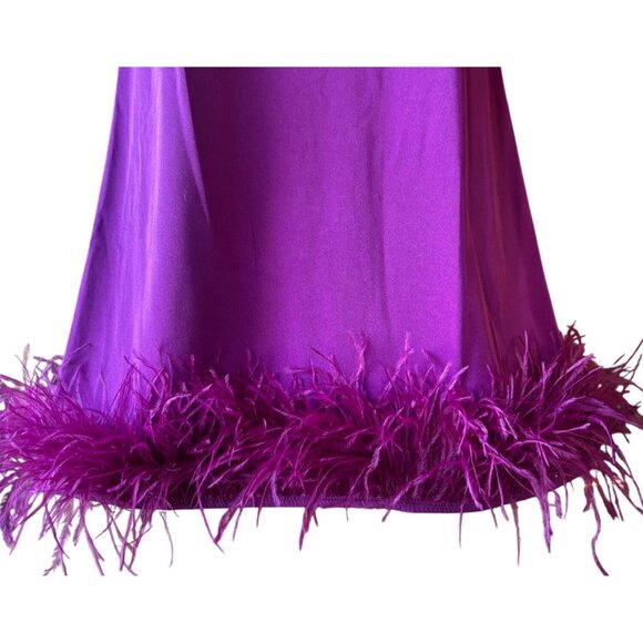 Mac Duggal Ieena Feathered Hem High Neck Sleeveless A-Line Dress Purple Satin 6 - Picture 12 of 13